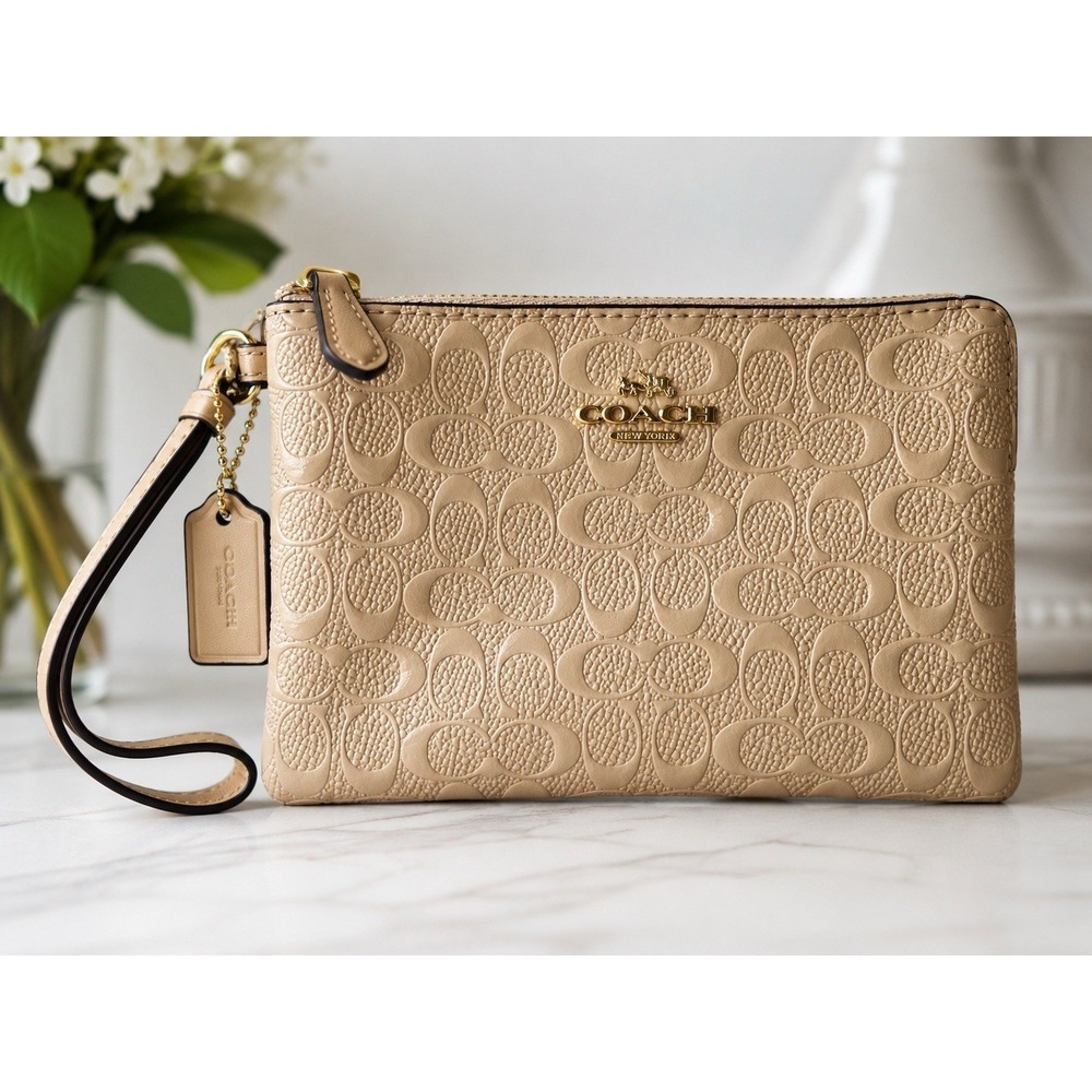 Coach Beige Signature Embossed Leather Wristlet Zip Pouch Wallet Clutch